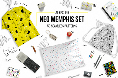 50 memphis seamless patterns set