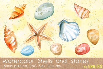 Summer Clipart, Digital Shells, Stones, Starfish, Sand, Repeatable Background, Watercolor Clipart