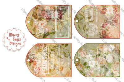 Printable Tags set of 4 Cottage Chic Vintage Collage