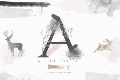 Alpine Forest - Watercolor Alphabet, Animals and Design Elements