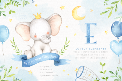 Lovely Blue Elephants Watercolor Set