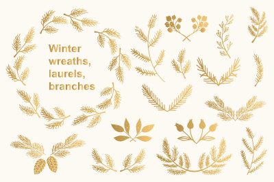 Winter wreaths, laurels, branches