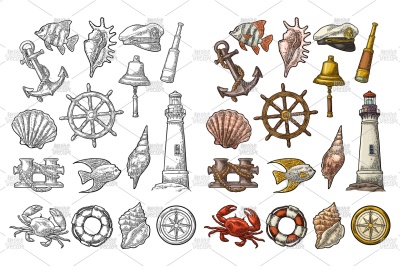 Set sea adventure. Engraving