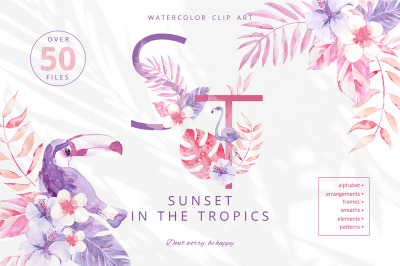 Sunset in the Tropics. Clipart set.