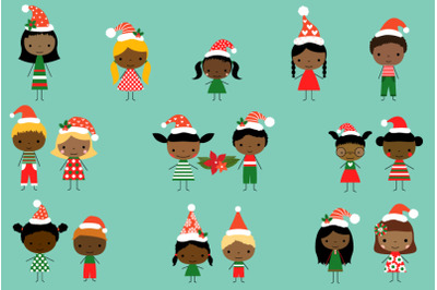 Cute Christmas Stick Figures Clipart, Multicultural Multiracial kids,