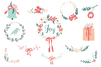 Holiday and Christmas Clip art for personal and commercial use - Wreath Bell Gift Bow Lace Bird Berry 
