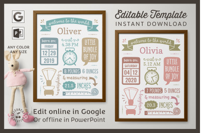 Printable BIRTH ANNOUNCEMENT template | GOOGLE edit | Baby Stats print