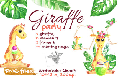Cute Giraffe Watercolor Tropical Safari, African, Jungle