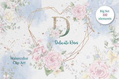 Watercolor flowers Roses clipart big set, elements for invitations