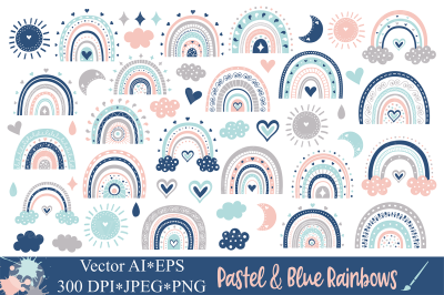 Pastel and Blue Rainbows Clipart / Cute rainbow graphics