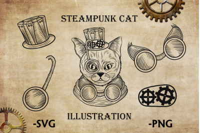 Steampunk cat clipart 100% hand-drawn illustration