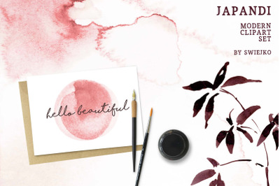 Japandi, modern clipart set, watercolor background