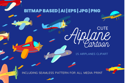 Cute 15 Airplanes Clipart Set Plus Seamless Pattern