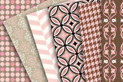 Digital Paper: Pink and Brown 02 Patterns of houndstooth, chevron, damask, polka dots and circles