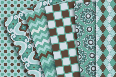 Digital Paper: Teal and Brown Patterns of chevron, polka dots, damask and argyle