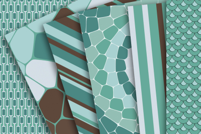 Digital Paper: Teal and Brown Patterns of Stone, Stripes, and scales
