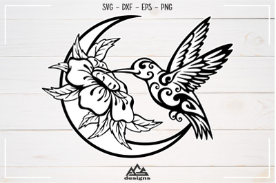 Humming Bird Flower n Moon Decals Paper Cut Svg Design