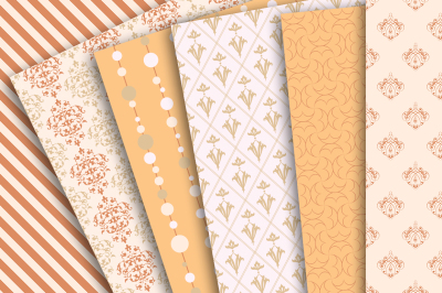 Retro Digital Papers: Tan and Orange patterns of Damask, String lights, polka dots, stripes
