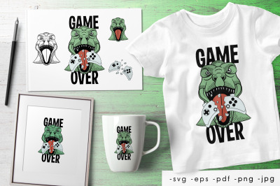Dinosaur illustration. Trex game over. For print.