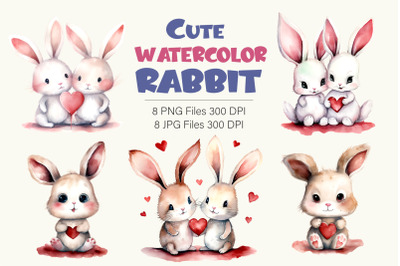 Cute Rabbits for Valentines Day. Watercolor.