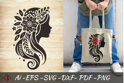 Silhouette of a girl in profile with flowers in her hair
