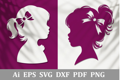 Little girls with a bow in their hair. Silhouettes