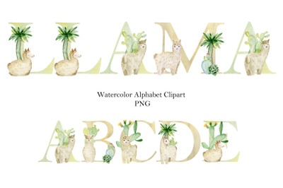 Watercolor alphabet with cute llamas.