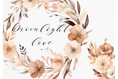 Set of beige and brown pastel floral elements, wedding png
