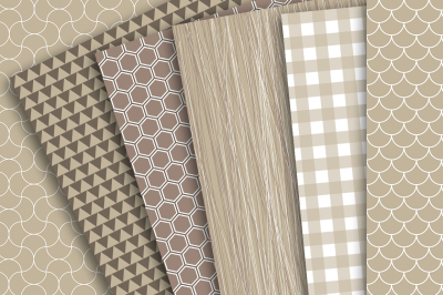 Digital Paper: Brown, Tan and White Patterns of Hexagon, Triangles, Plaid, Gingham, Scales