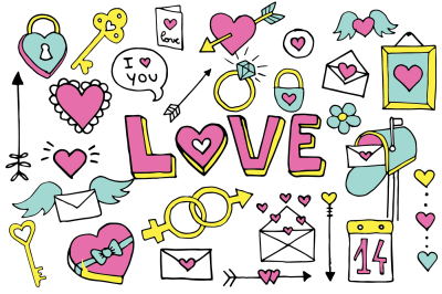 Valentines Doodle Clipart Set Vector Heart Hand Drawn