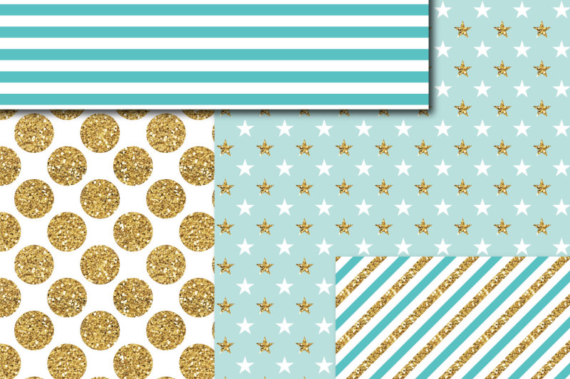 turquoise-and-mint-gold-digital-paper-glitter-digital-paper-gold-polka-dots-stripes-stars-mi-752